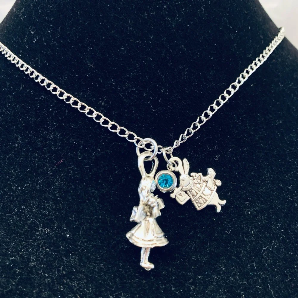 Alice in Wonderland necklace with rhinestone charm